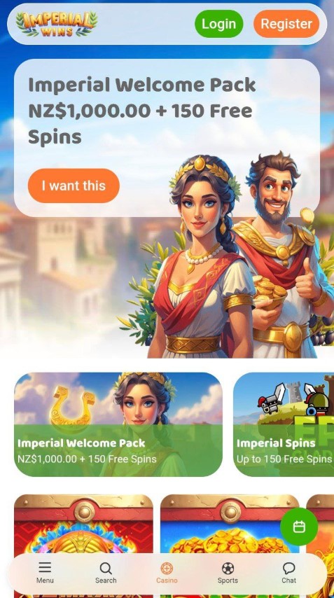 Claim welcome bonus with free spins in Imperial Wins app