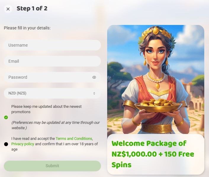 Create new account and get welcome bonus with spins
